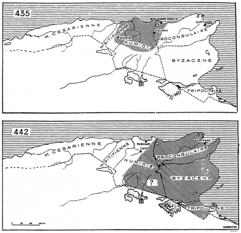 Carte n°1 : L’expansion de l’Etat vandale entre 435 et 442 (d’après Courtois)