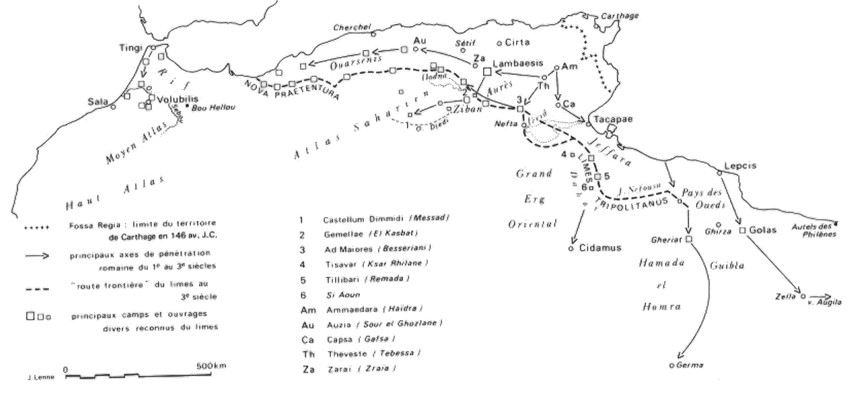 Frontières de Carthage jusqu’à 146 av. J.-C. et la limite du Limes romain au 3èmesiècle ap. J.-C