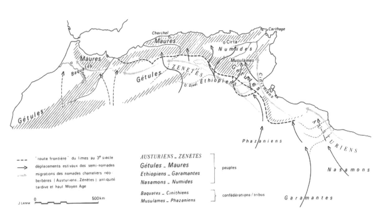 Carte N° 1 : Principaux axes de déplacement des populations nomades à travers le Limes romain de l’antiquité jusqu’au haut moyen âge. -d’après Jean Lenne-