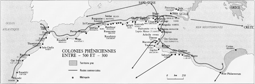 Colonies phéniciennes entre -500 et -300 (Atlas historique de l’Afrique, op.cit., p. 47)